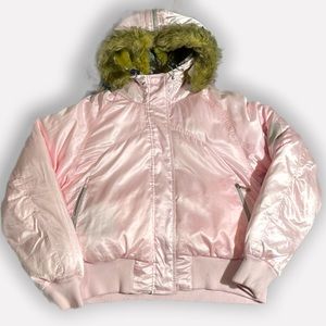 Vintage NIKE pink Y2K Puffer Down Coat with faux fur hood